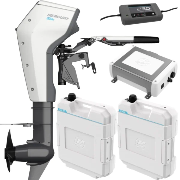 Moteur électrique Mercury Avator 35e barre franche avec 2 batteries lithium, un coffret power center et chargeur
